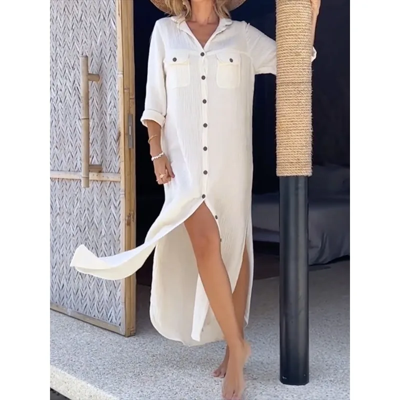 المشمش سبليت الجانب فساتين طويلة للنساء 2025 فضفاضة تناسب تقسم زر جيوب التلبيب كم طويل قمصان بسيطة فستان 180258 #6