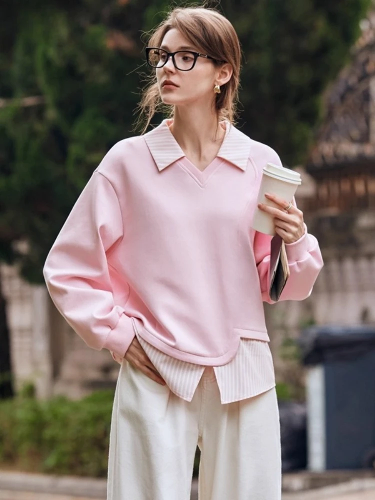 

OLrain Women's Sweatshirt Patchwork 2 in 1 Striped Autumn 2025 Loose Knitted Tops Casual Long Sleeve Ladies Sweater O57CR90009