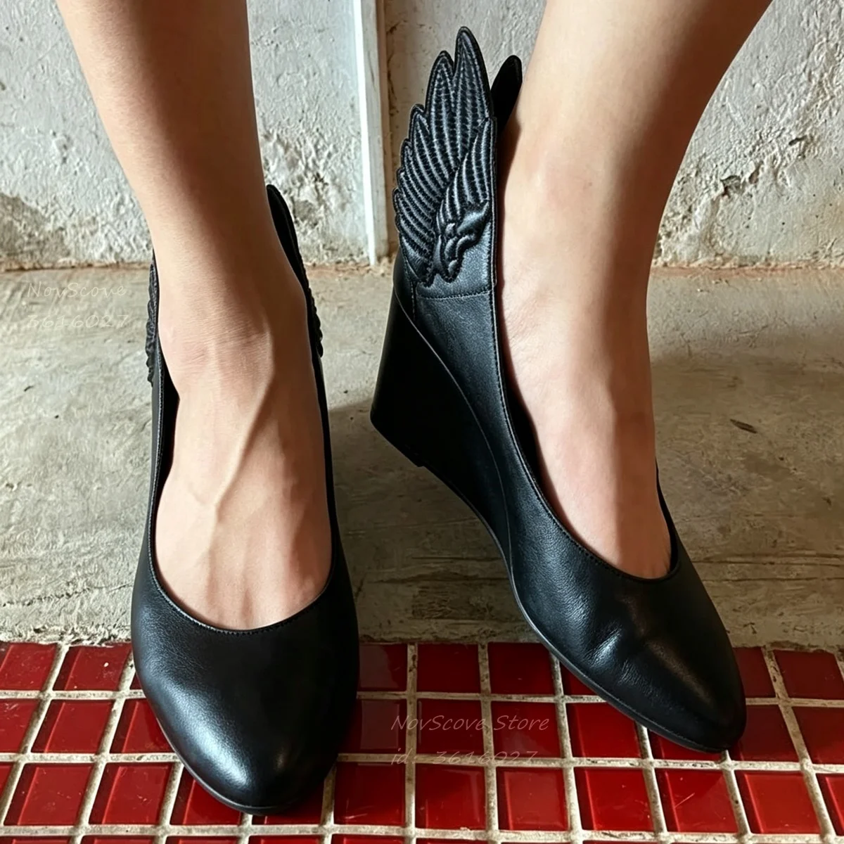 Round Toe Wings Decor Sandals Wedges Heels Shallow Solid Color Pumps Slip On Unique Back Wing Autumn Sexy Women Daily Shoes