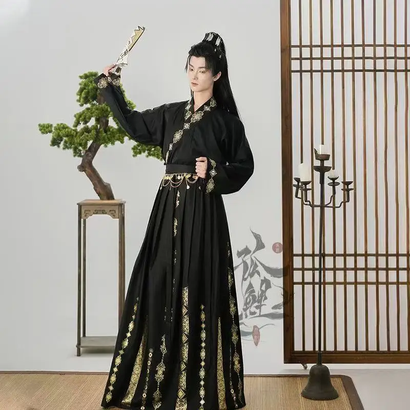 重工業ゴールドスタンプ漢服ドレスメンズ伝統的なクロスカラーコスチュームハロウィン剣士コスプレ衣装ステージスーツ男性