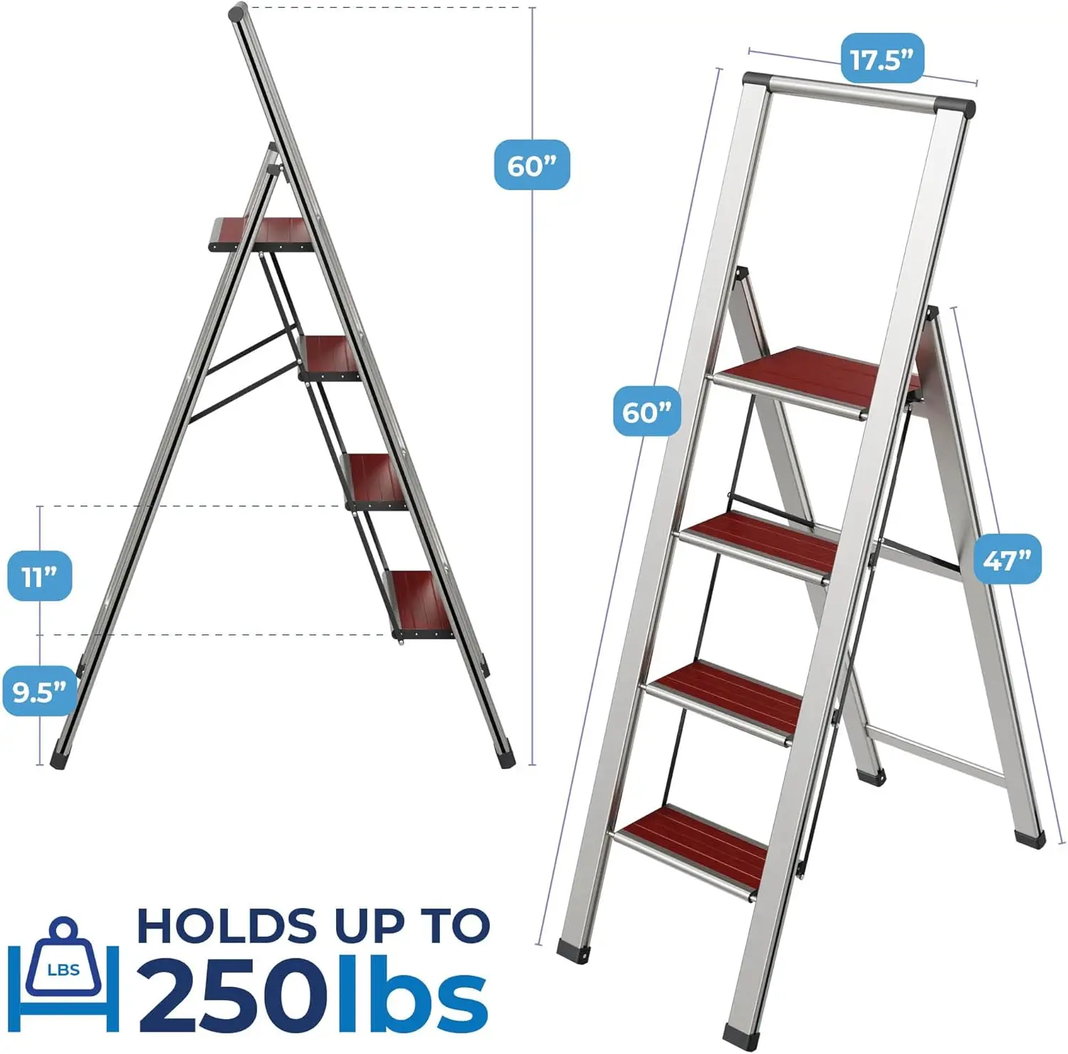 Step Ladder 4 step folding, decorative - Beautiful Mahogany & Silver Aluminum, Ultra Slim Profile, Anti Slip Steps, Sturdy-Porta