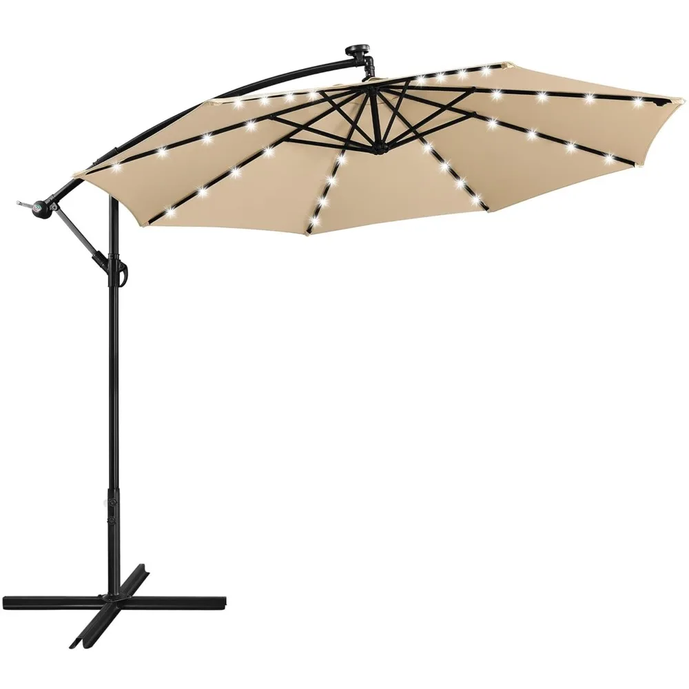 

10FT Solar Offset Umbrella with 32 LED Lights Cantilever Hanging Outdoor Umbrellas Handy Crank & Cross Base for, Customized