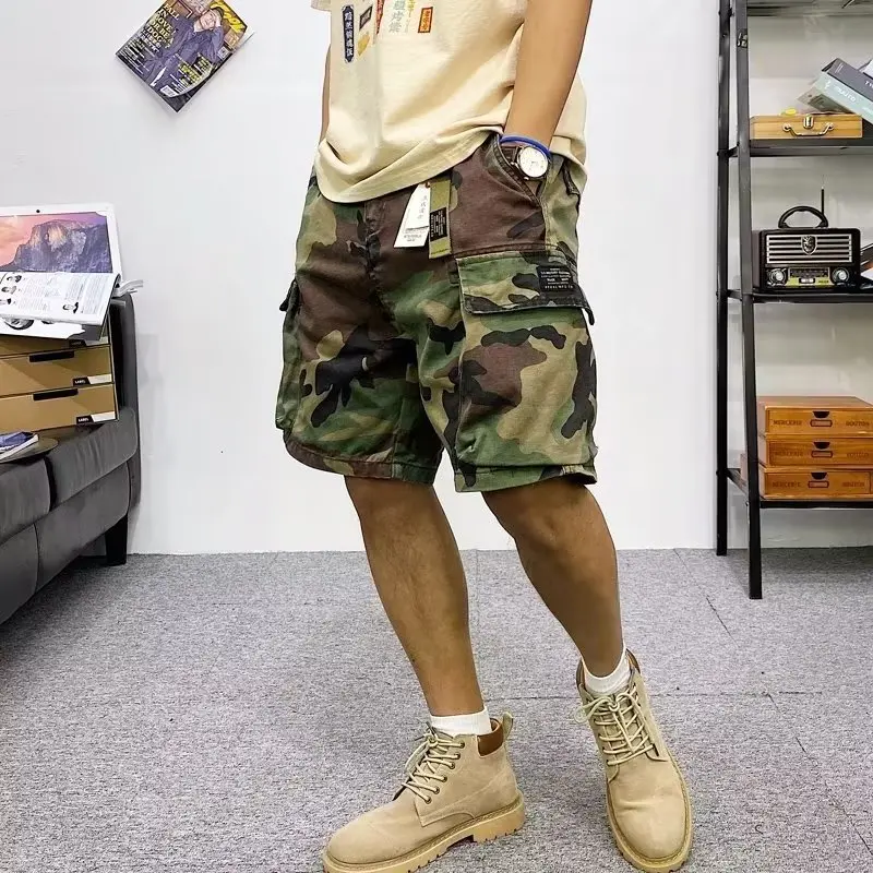 2024 Summer Men\'s Trendy Vintage Camouflage Print Outdoor Cargo Short Pants Male Casual Streetwear Pockets Loose Straight Shorts