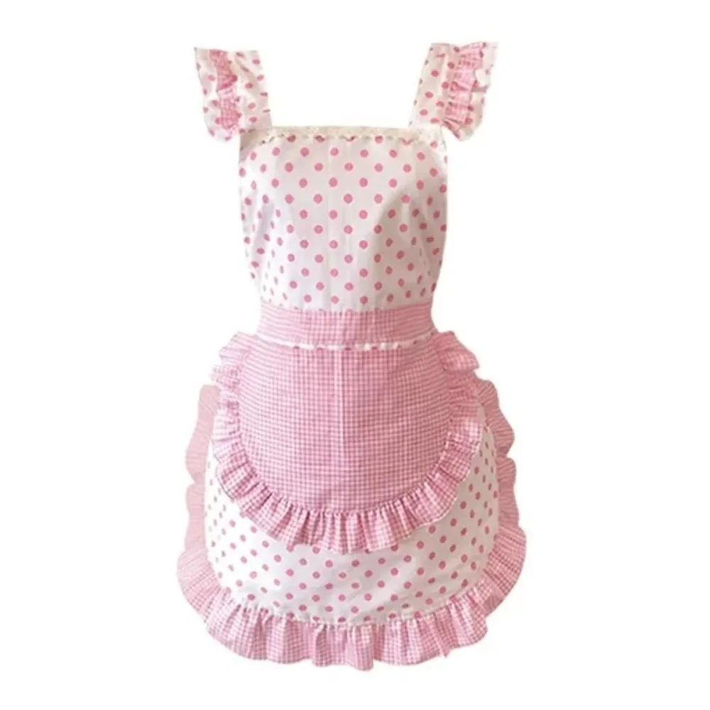Polka Dot Pattern Kitchen Apron Gingham Pattern With Matching Headscarf Ruffle Apron Ruffle Trim Adjustable Neck Strap