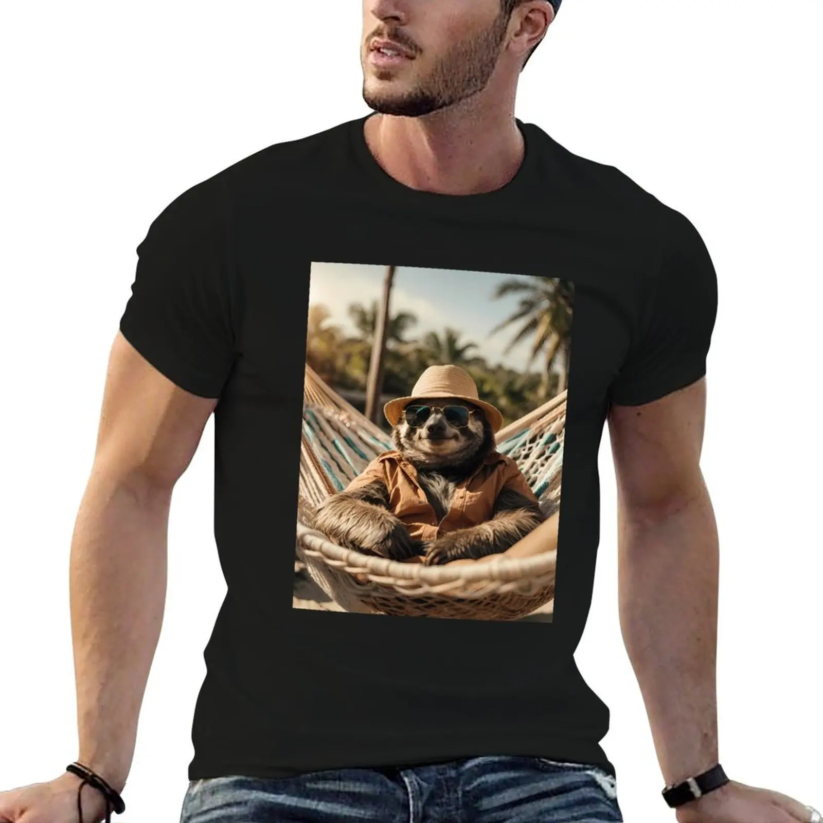 A relaxed sloth chills in his hammock on the beach T-Shirt Casual Loose Fit Summer Tee Shirt