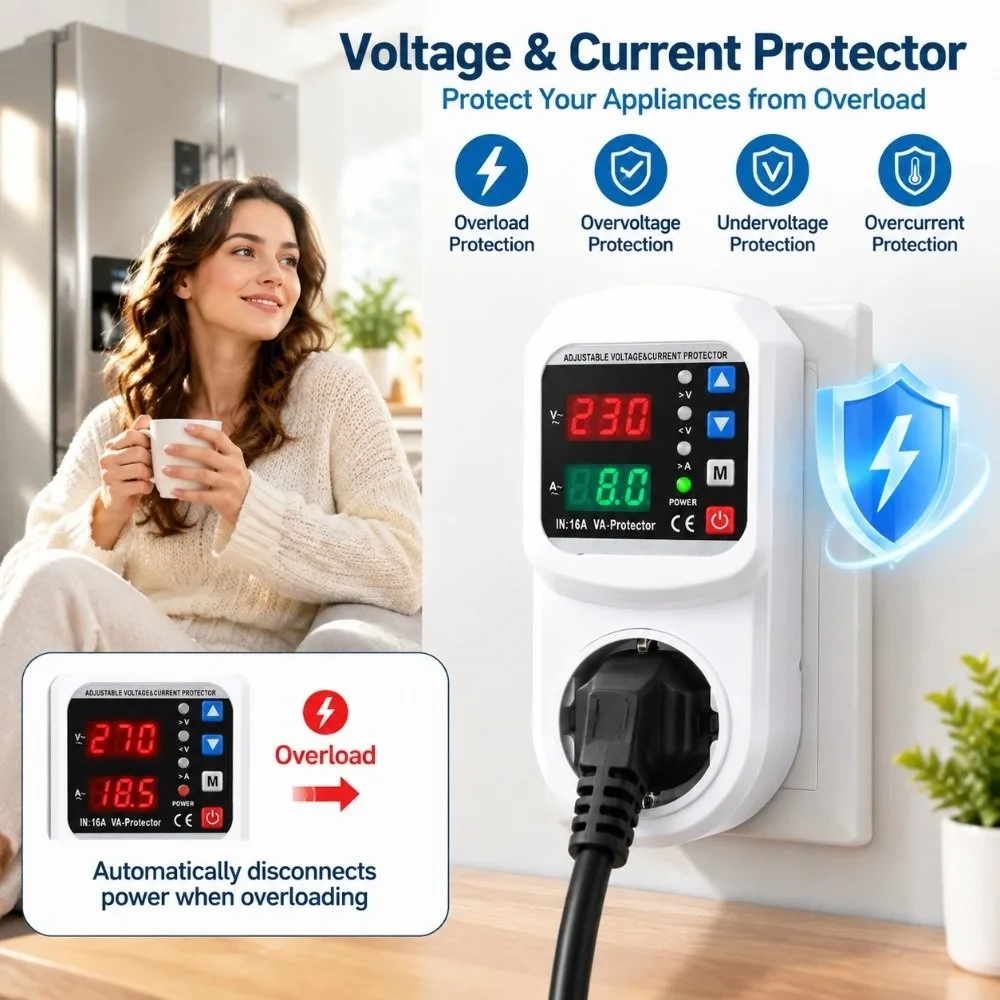 Refrigerator Voltage Protector Adjustable 16A Current Protector Overload Protection EU Plug Surge Protection