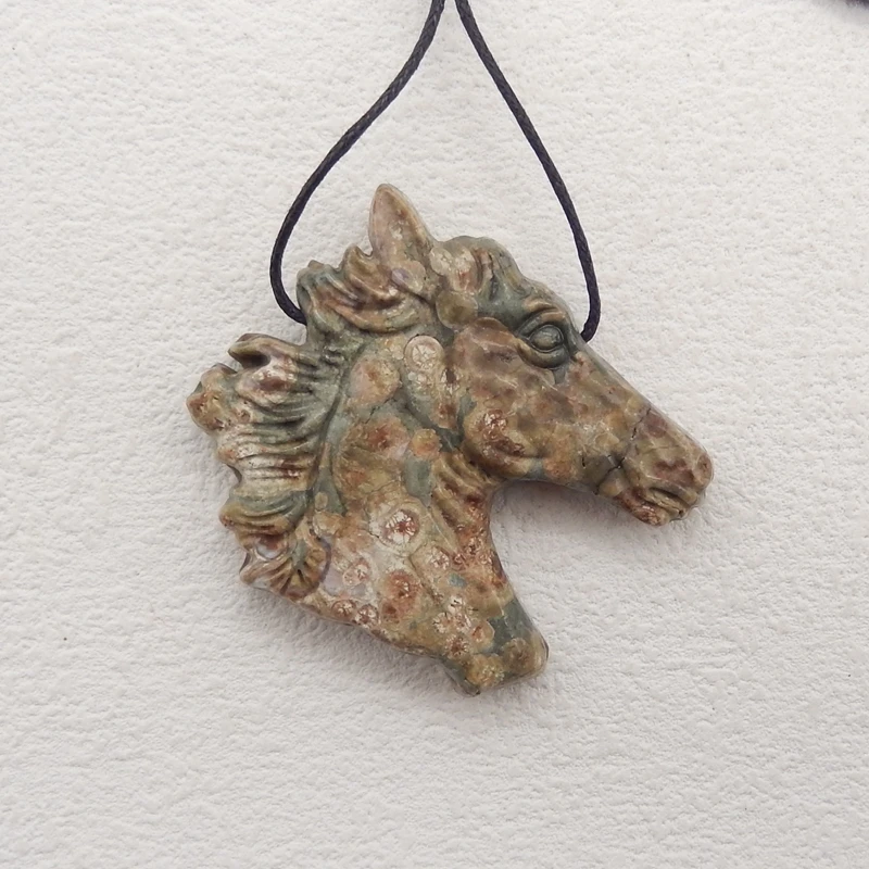 Natural Stone Frog’Eye Carved Horse Head Pendant Bead,Semiprecious Fashion Jewelry, Necklace Accessories,48x47x9mm,21g