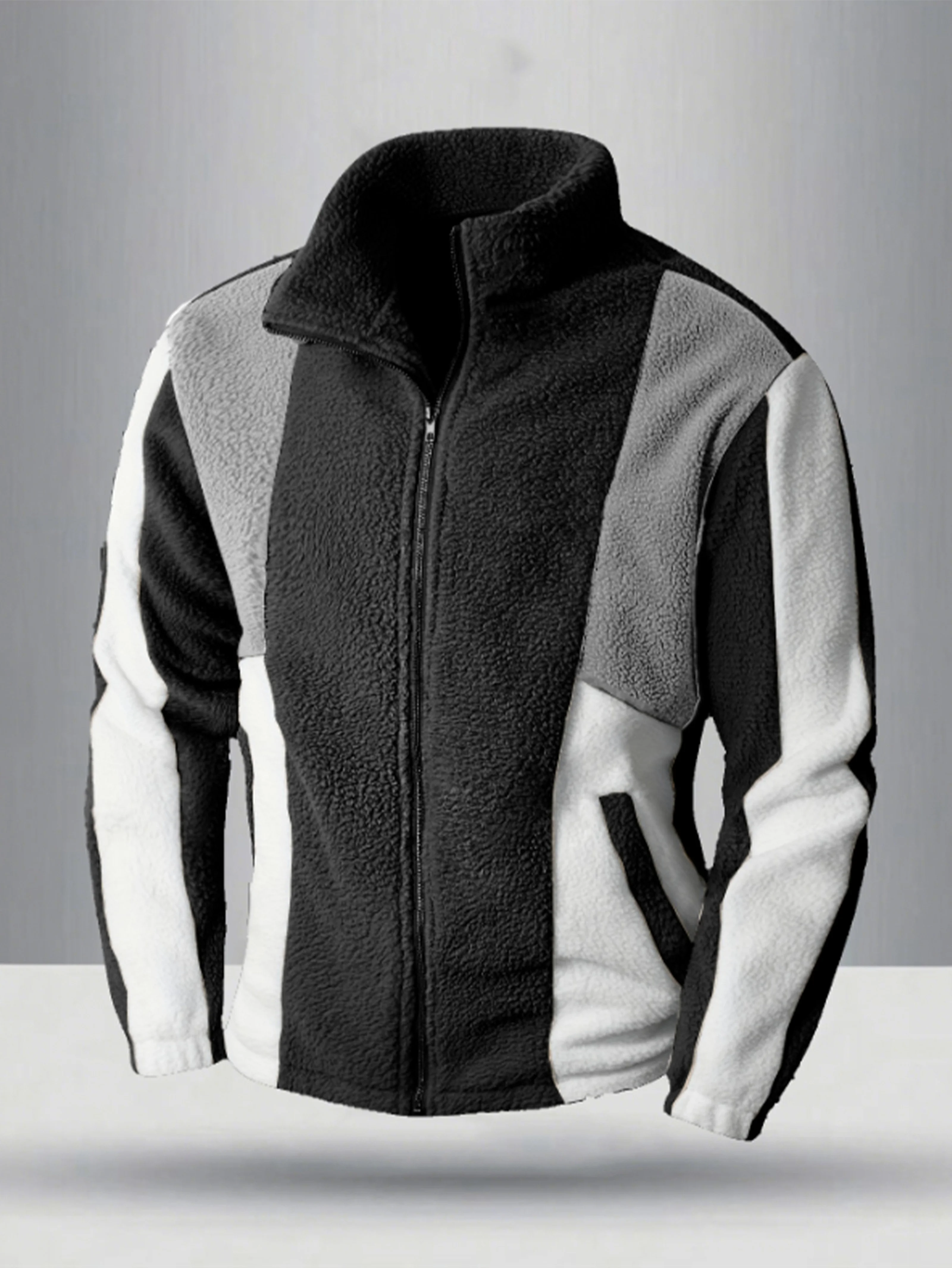 

Men's Black & White Color-Block Plush Jacket with Stand Collar - Winter Warm Coat,Zippered Front Closure, Machine Washable