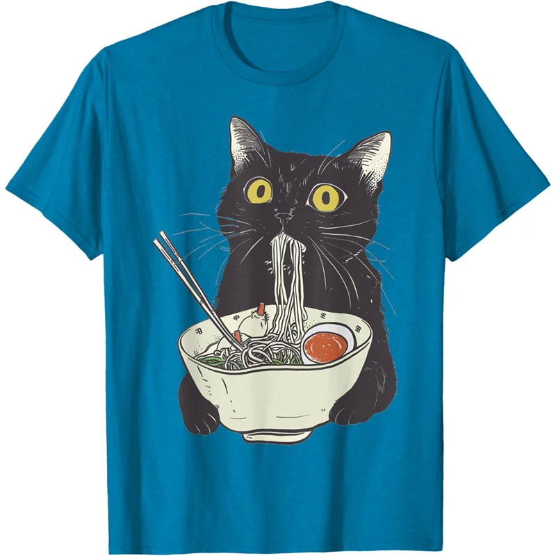 Funny Cat Pattern T-Shirt For Women Food Noodles 3D Printed Short Sleeves Summer Leisure Tees Round Neck T Shirts Loose Tops