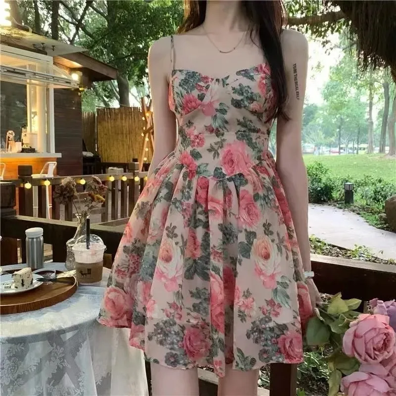 Robe florale à col licou pour femme, jupe courte trapèze fine, taille haute, style français, robes de bureau pour femme, mode printemps et été