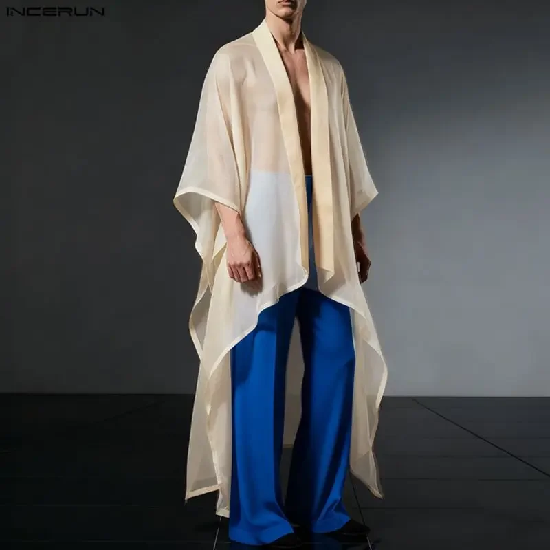 

INCERUN Men Shirt Mesh Patchwork See Through 3/4 Sleeve Open Stitch Male Cardigan Tops Streetwear Fashion Irregular Shirts 2026