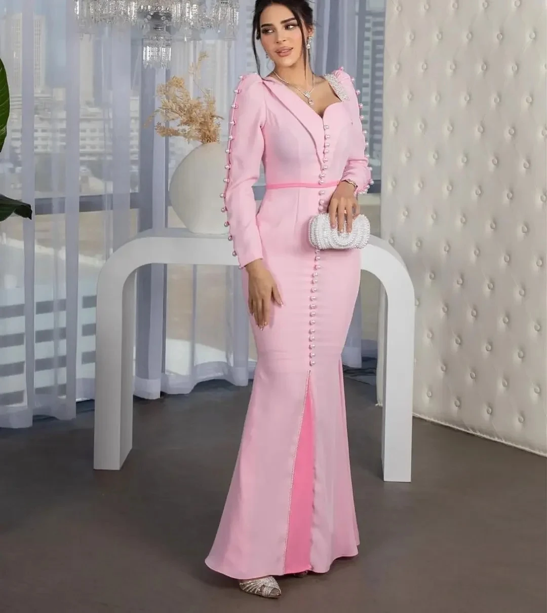 Saudi Arabia Mermaid Prom Dresses Pink Pearls Long Sleeves Evening Dress Floor Length Women Formal Party Gown Vestidos De Fiesta