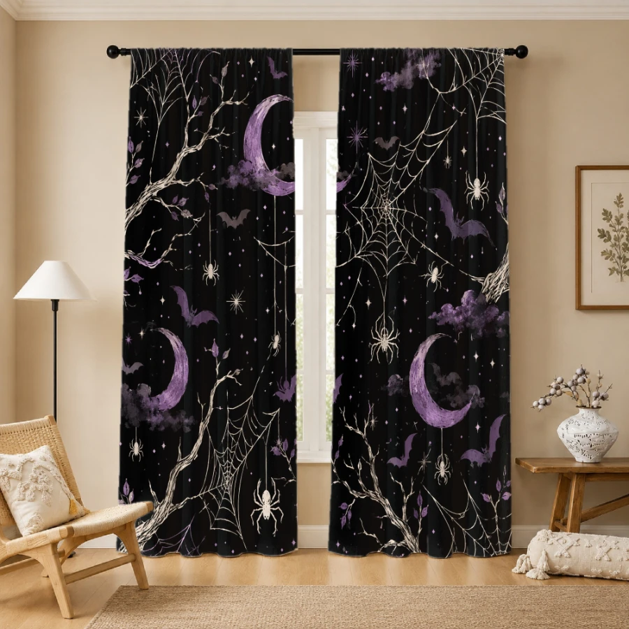 2PCS Digital Printed Curtains, Purple Crescent Moon Spider Webs Bats, Gothic Witchy Dark Halloween Window Decor Bedroom