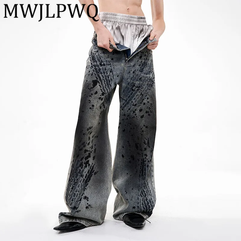 

MWJLPWQ Printed Trendy Male Jeans Autumn Winter American Street Style For Men Niche Spray Dirt Distressed Wide-Leg Pants 12315