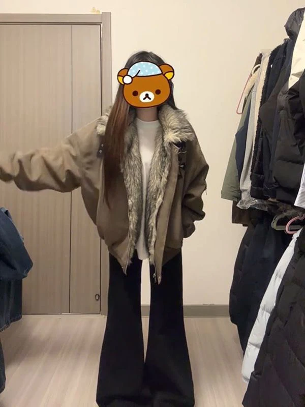 

Thickened Cotton Jacket Winter Warm Lazy Bear Crossbody Fur Collar down Jacket Brown Tagkita Women's Sweet Style Loose Fit Coat