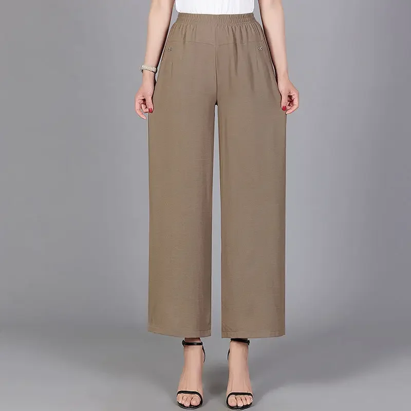 Spring and Autumn Women's Elastic High Waist Solid Shirring Pocket Rivet Wide Leg Straight Trousers Fashion Casual Loose Pants