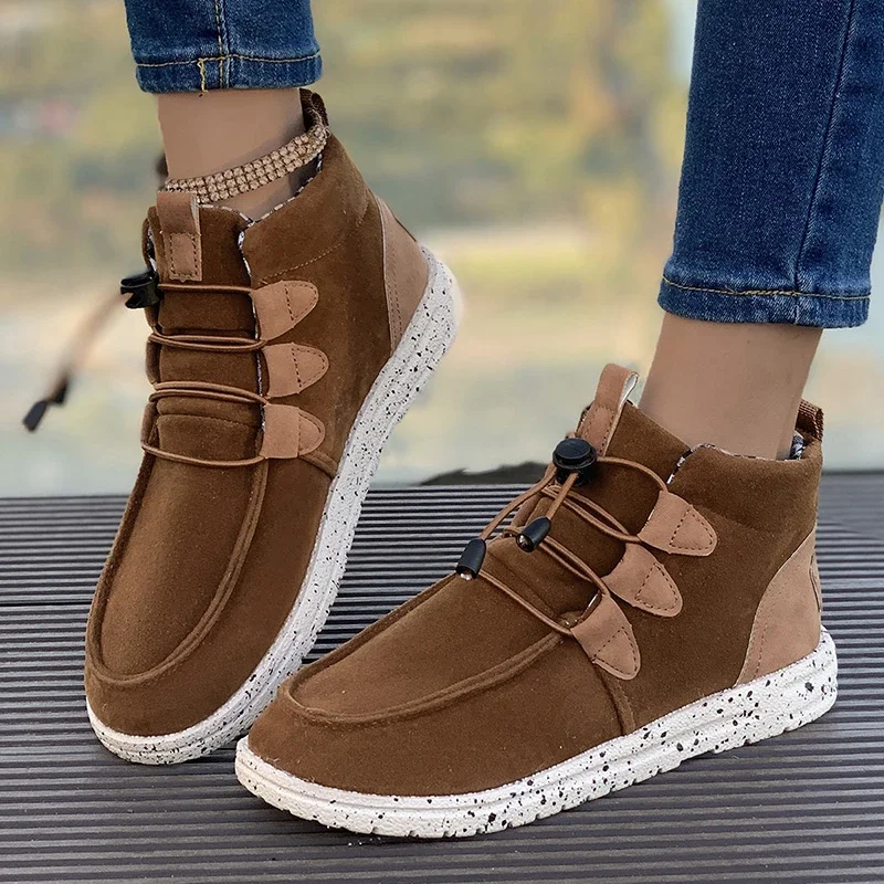 Women Shoes Winter New Brand Lace Up Women Boots Round Toe Solid Flock Warm Short Barrel Low-heeled Concise Snow Boots Women