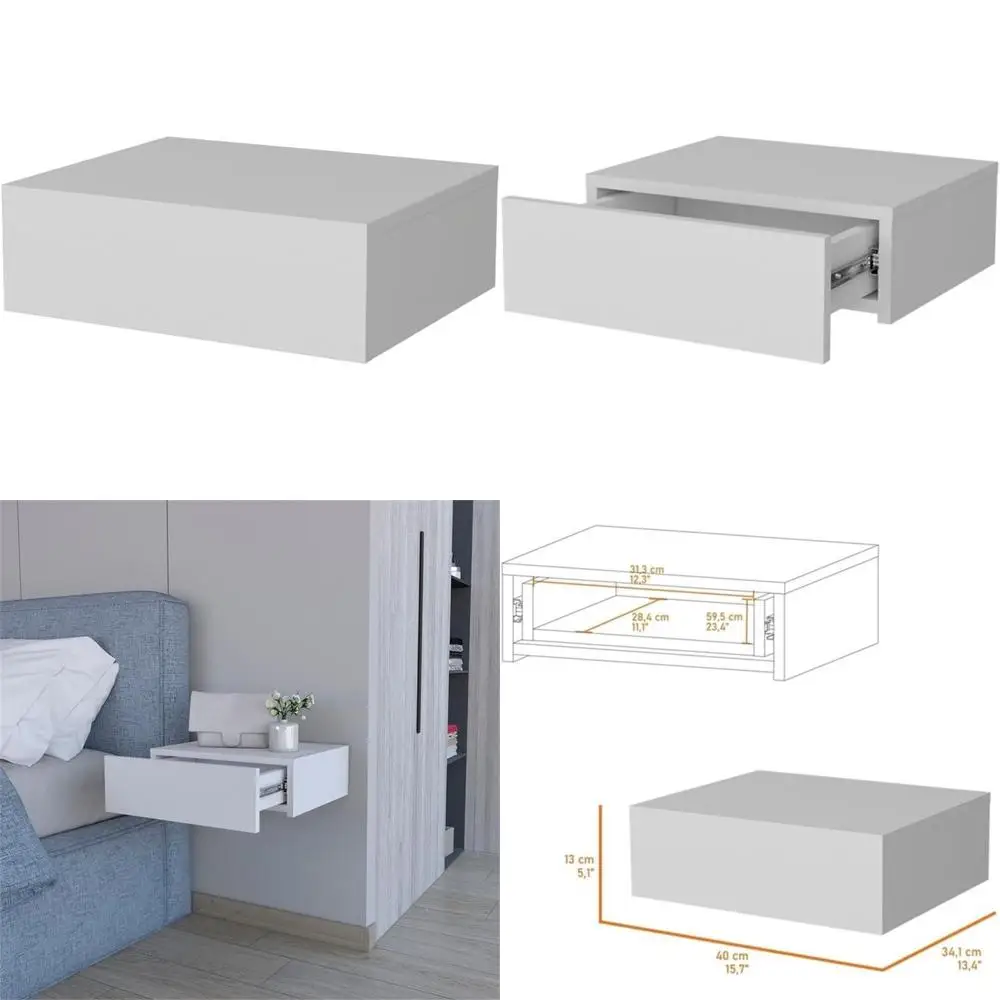 

white contemporary floating nightstand with one drawer, crafted from manufactured wood