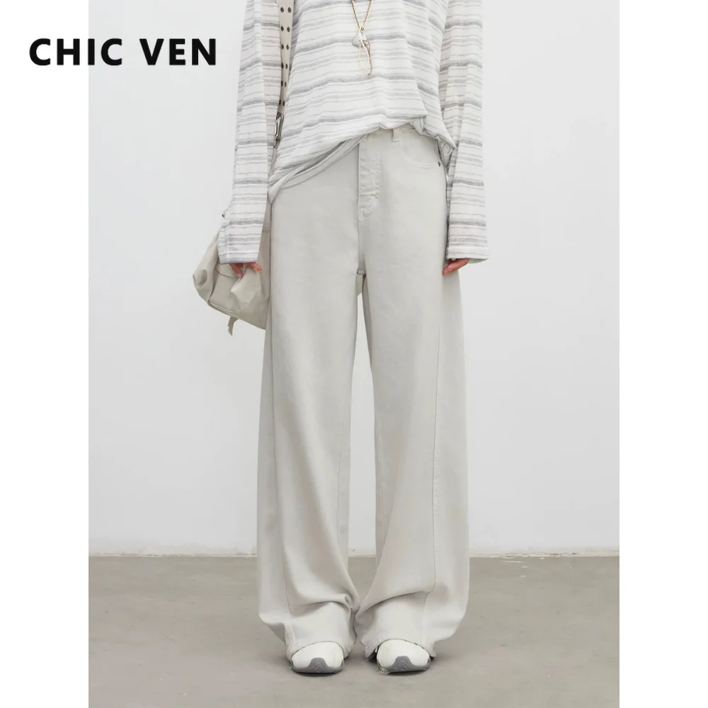 

CHIC VEN Korean Women Jeans Solid Loose Casual High Waisted Wide Leg Denim Pants Office Ladies Trousers Spring Summer 2026