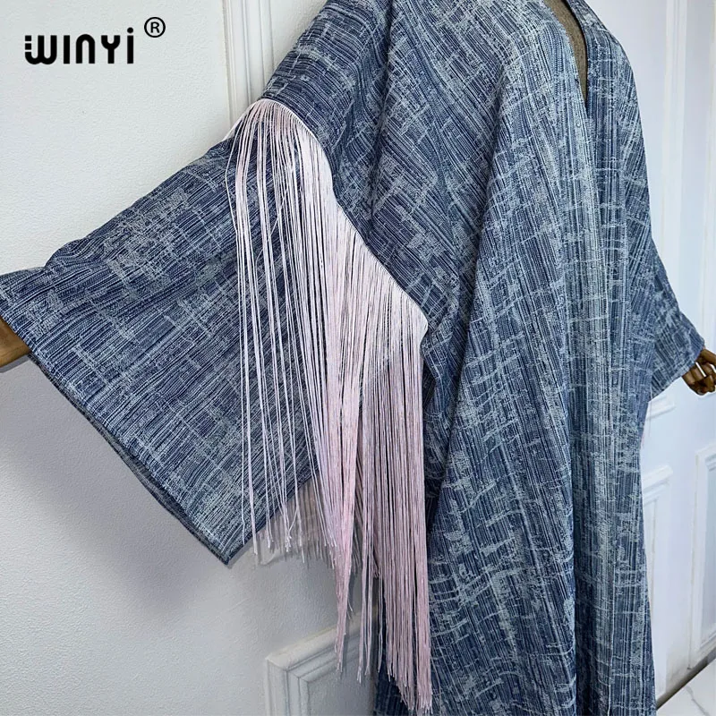 WINYI Jacquard denim cardigan tassel kimono maxi Dress elegant Party Holiday beach Cover Up abaya dubai luxury fashion dress