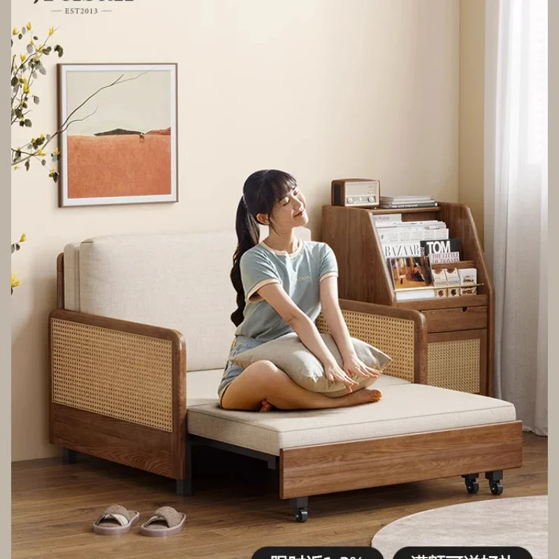 Folding sofa bed dual-purpose, small apartment living room ash wood pulling telescopic bed