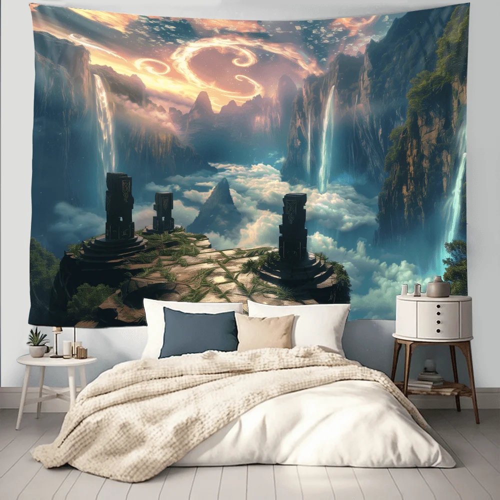 Waterfall at the World's Peak Tapestry - Contemporary Style, Psychedelic Landscape Hanging Wall Art for General Use, Polyester M