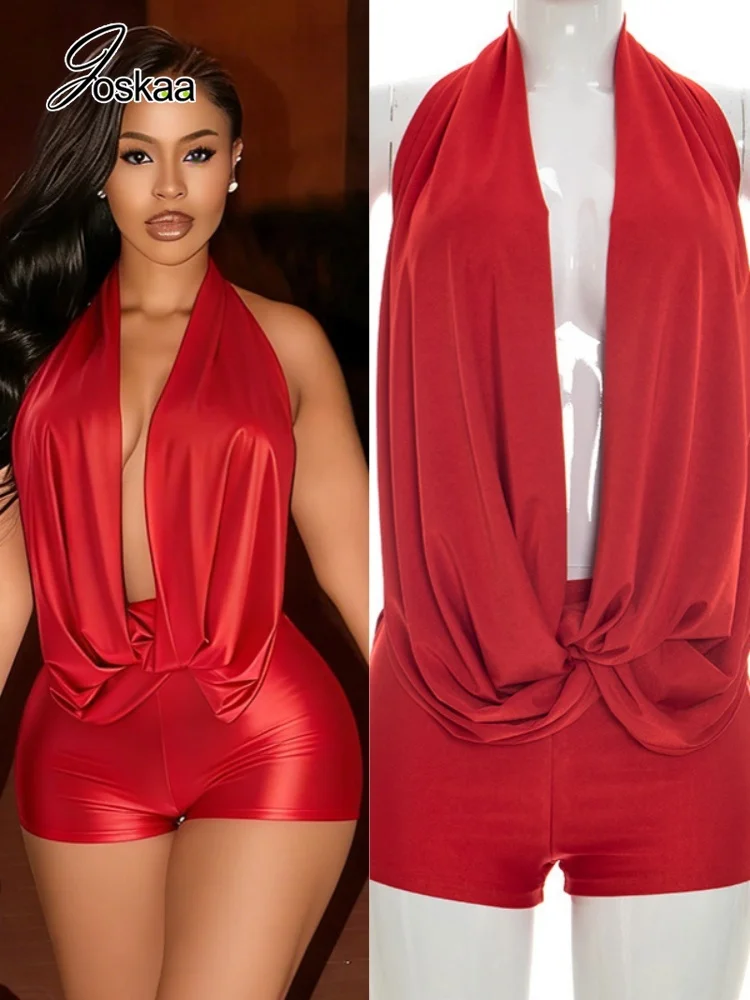 Joskaa Sexy Backless Bandage Ruched Playsuits Women Hipster Halter Deep V-neck Sleeveless Skinny Rompers Holiday Party Clubwear
