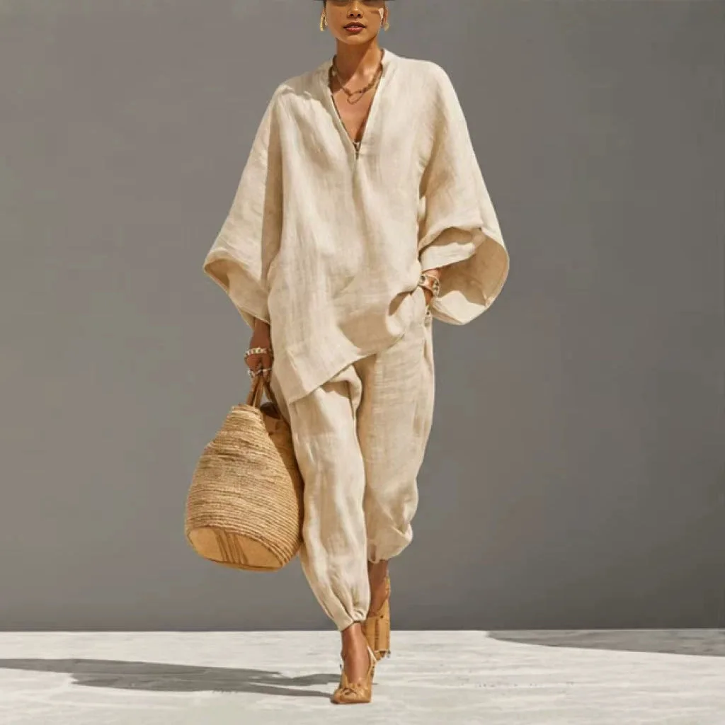 

Summer Women's Linen Casual Tracksuits Outfits Loose Fit Deep V-Neck Batwing Sleeves And Nine Points Pants Two Piece Set