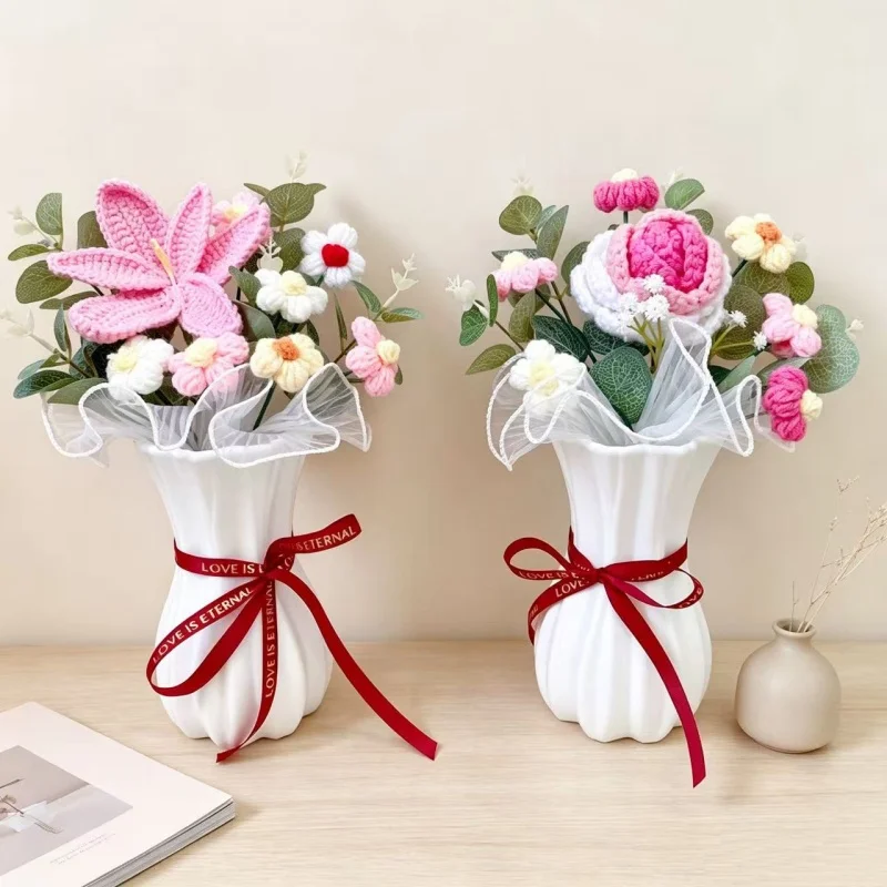 Crochet Flower Bouquet Plastic Vase Handmade Knitted Stuffed Roses Sunflowers Tulip  Table Home Decor Gifts For Mother Friends