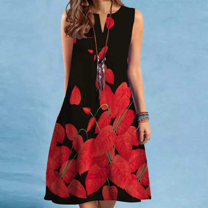 

European and American Cross Border Women's New Dress V-neck Sleeveless Sexy Printed Large Hem Foreign Trade Dress