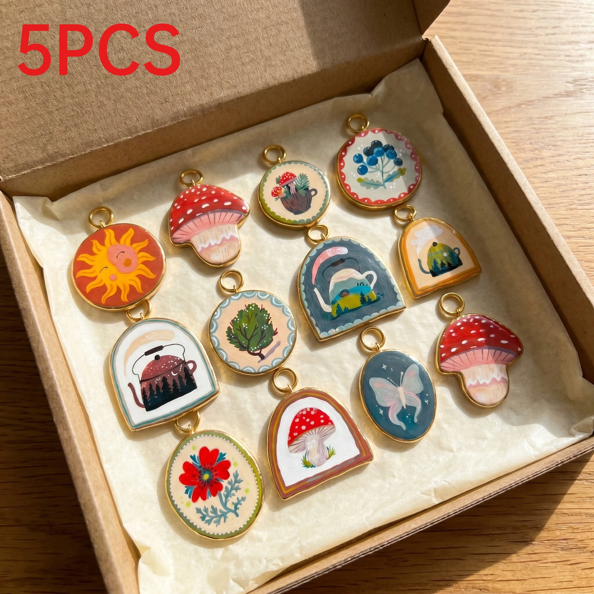 5Pcs Aesthetic Retro Forest Charms Sun Mushroom Blueberry Kettle Tree Pendants DIY Necklace Bracelet Accessories