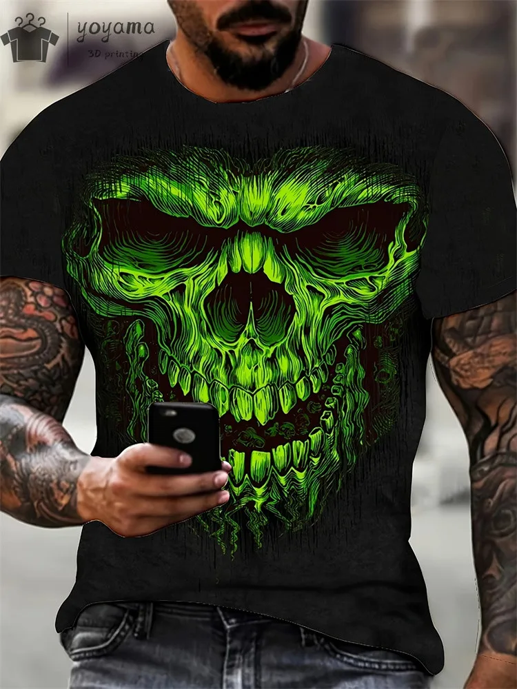 Retro Men\'s Horror Skull 3D Print T-Shirt Summer Crew Neck Short Sleeve Fashion Oversized Tees Men\' Street Punk Style Clothing