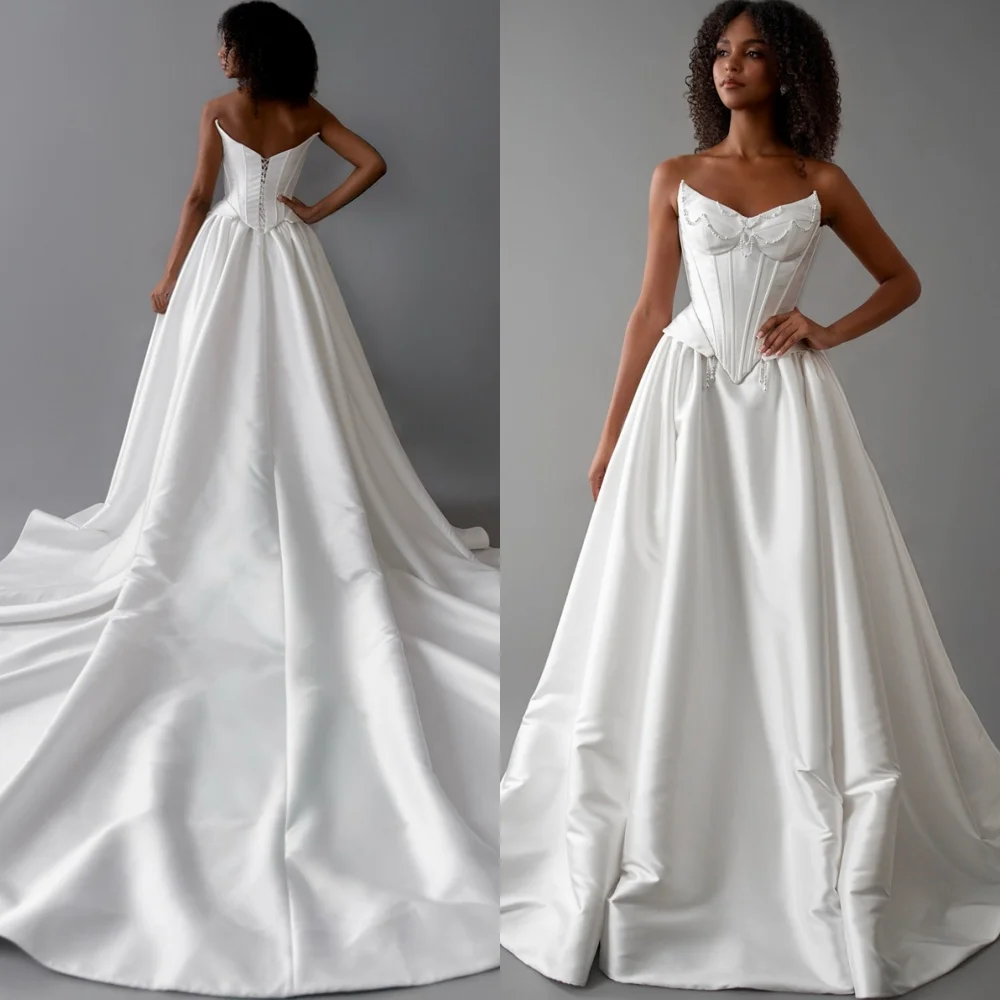 

Customized Fashion Satin Wedding Dresses Dreamy Strapless Heavy Industry Wedding Dresses Lace Up Back Bride Gowns Wedding Guest