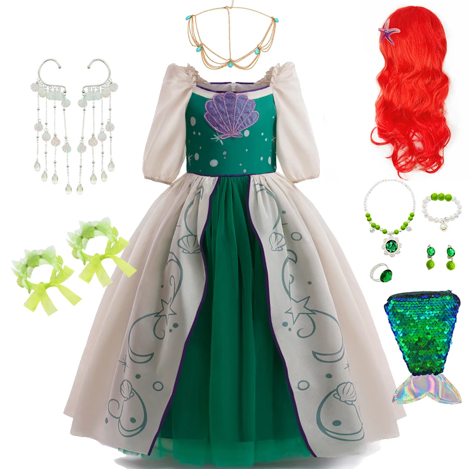 Little Mermaid Dress Girl Ariel Cartoon Movie Princess Role Playing Costume  Halloween Luxury Fluffy Green Fairy Gowns - AliExpress 1501