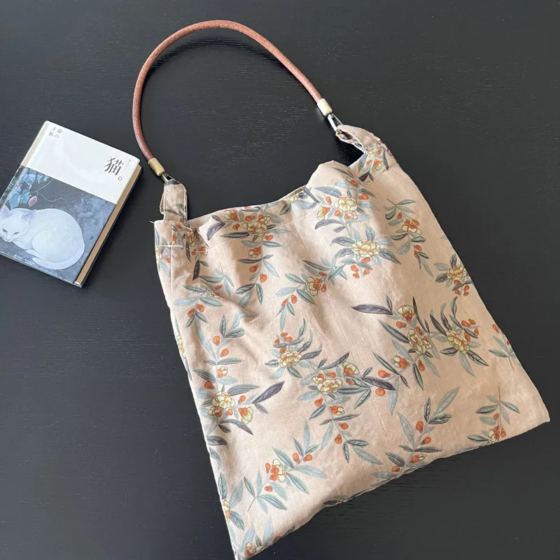 Lazy Retro Style Plain Flower Branch Shoulder Bag Small Thin Cotton Linen Cowhide Rope Armpit Bags All Match Female