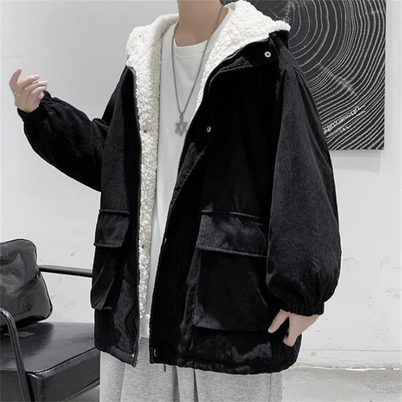 Men's Thicken Cotton Corduroy Coats Casual Street Style Solid Color Loose Hooded Coat Winter Hoodie Man