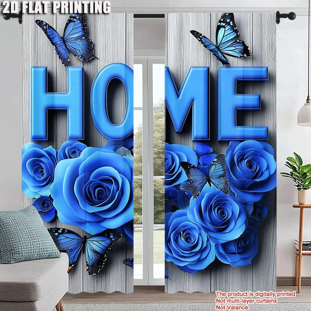 

2Pcs Contemporary Floral Print Rod Hole Curtain Light-Filtering Polyester Drapes For Bedroom Living Room Decorative Butterfly