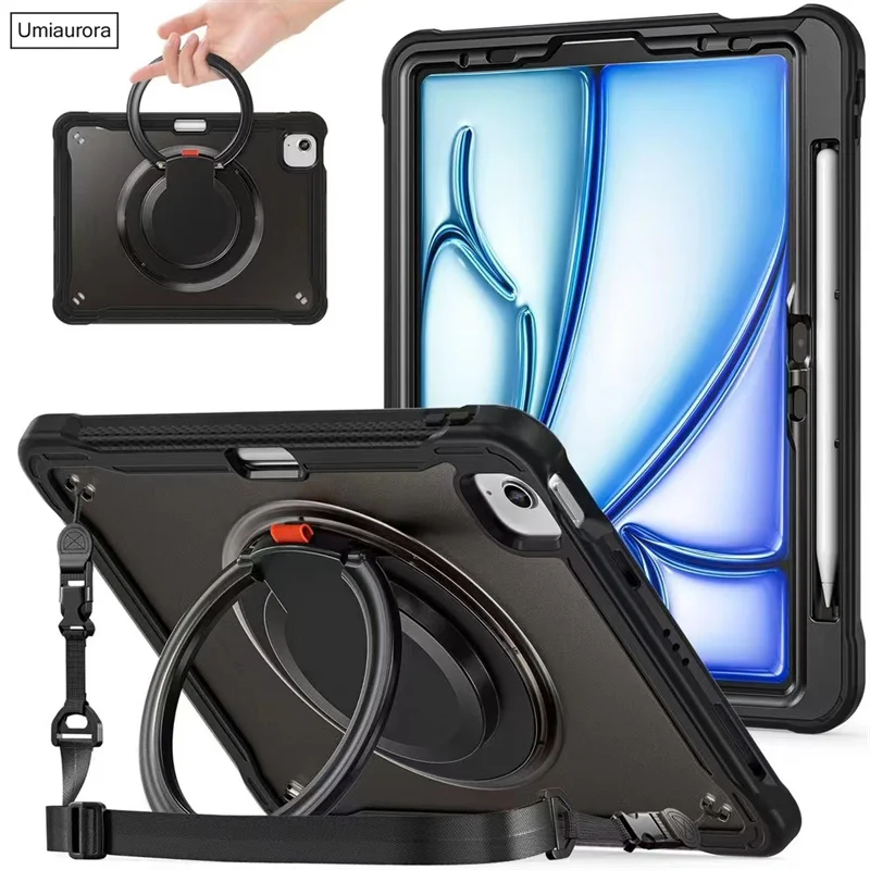 

For iPad Mini 7 Air 6 5 4 10.9 Pro 11 12.9 13 inch M4 Tablet Case Rotation Hand Ring Shoulder Strap Stand Shockproof Cover Funda