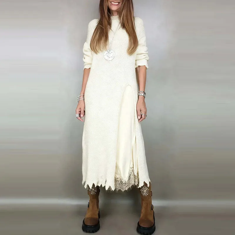 Chic Fashion Commute Women's Loose Sets Elegant Tassel Hem Two Piece Sets Vintage Long Sleeve Sweater Matching Lace Halter Dress