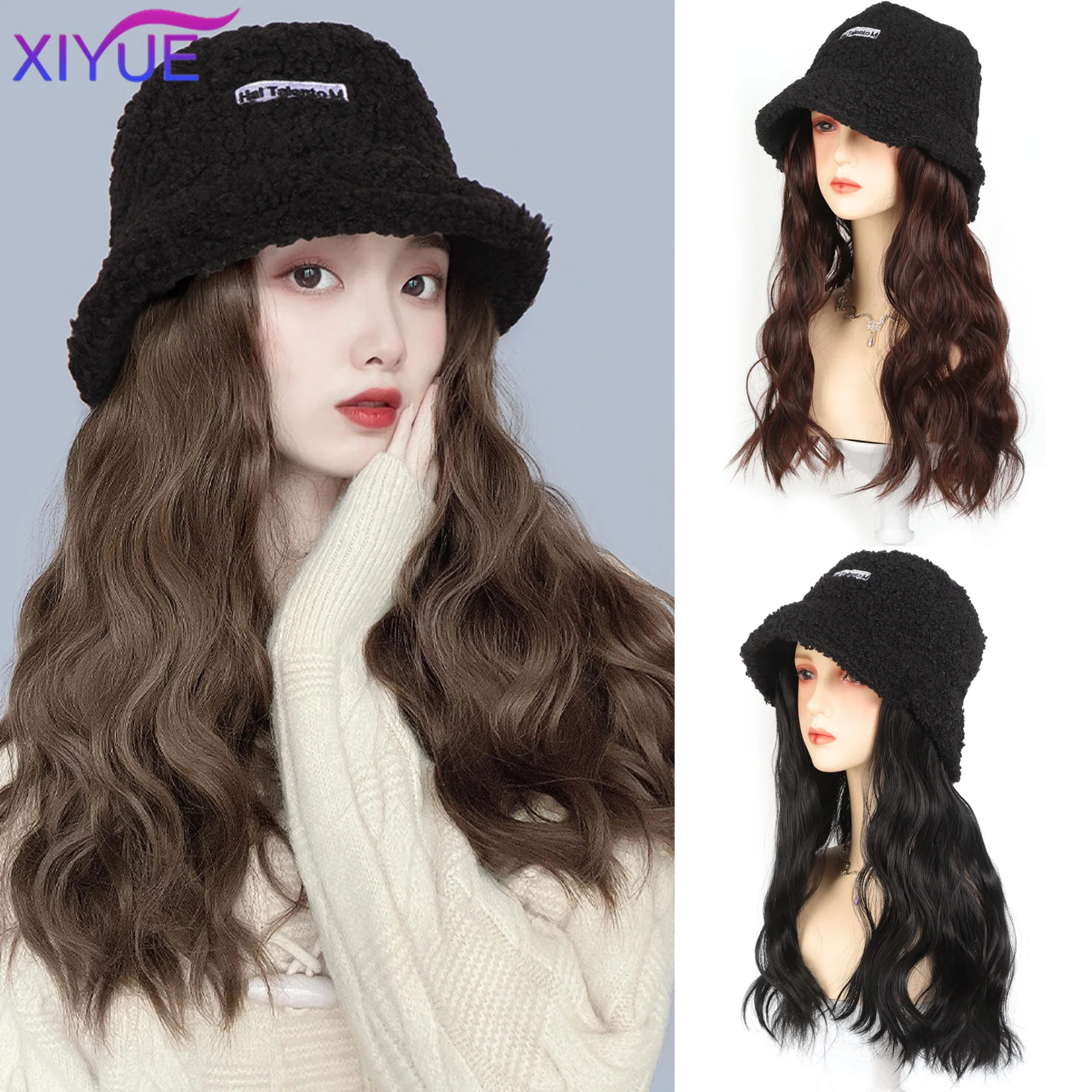 Synthetic Long Fashion Water Ripple Hair Wig With Black With Letter Lamb Wool Hair Bucket Hat For Women Autumn Winter Warm Hat F