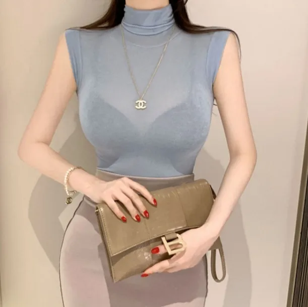 Tight Fit High Collar Sleeveless Vest 2024 Style for Women Elastic Bandage Top Bodycon Base Layer Shirt Transparent Design