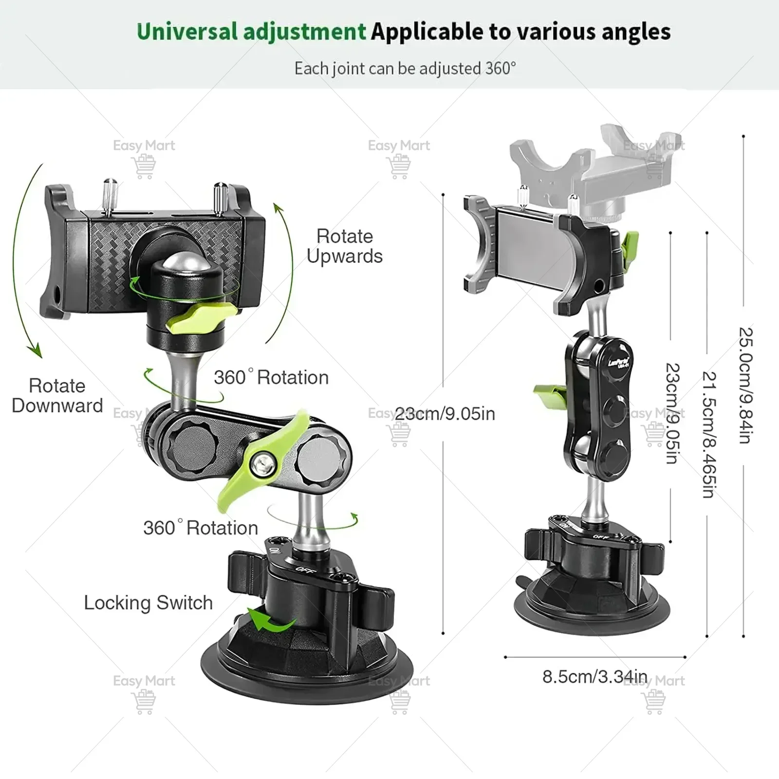 Alloy Car Phone Holder 360° Rotating Mount Ballhead Suction Cup Camera Phone Holder for Car Dashboard Windshield Vehicle