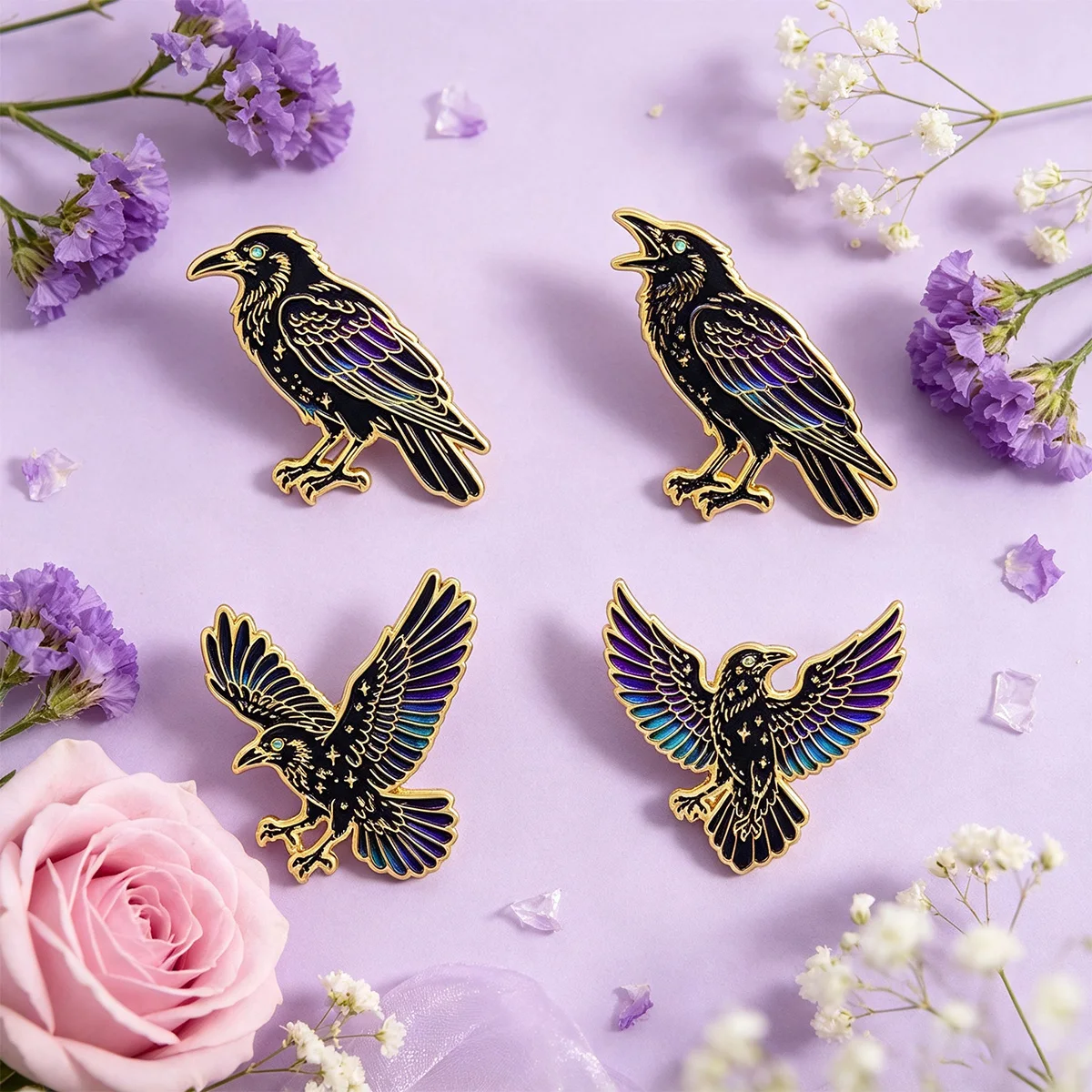 4-8pcs Crow Dragon Enamel Pins Cartoon Brooches Lapel Badges for Backpack Clothing Decor Fashion Jewelry Casual Holiday Gifts
