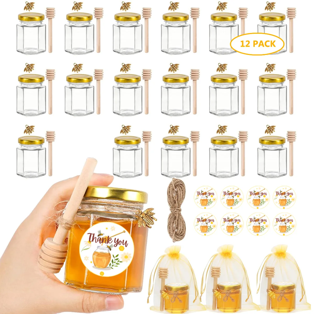 12 Pack 1.5oz/45ml Glass Hexagon Mini Honey Jars with Lids, Extra Wooden Honey Dippers, Bee Charms Pendant, String