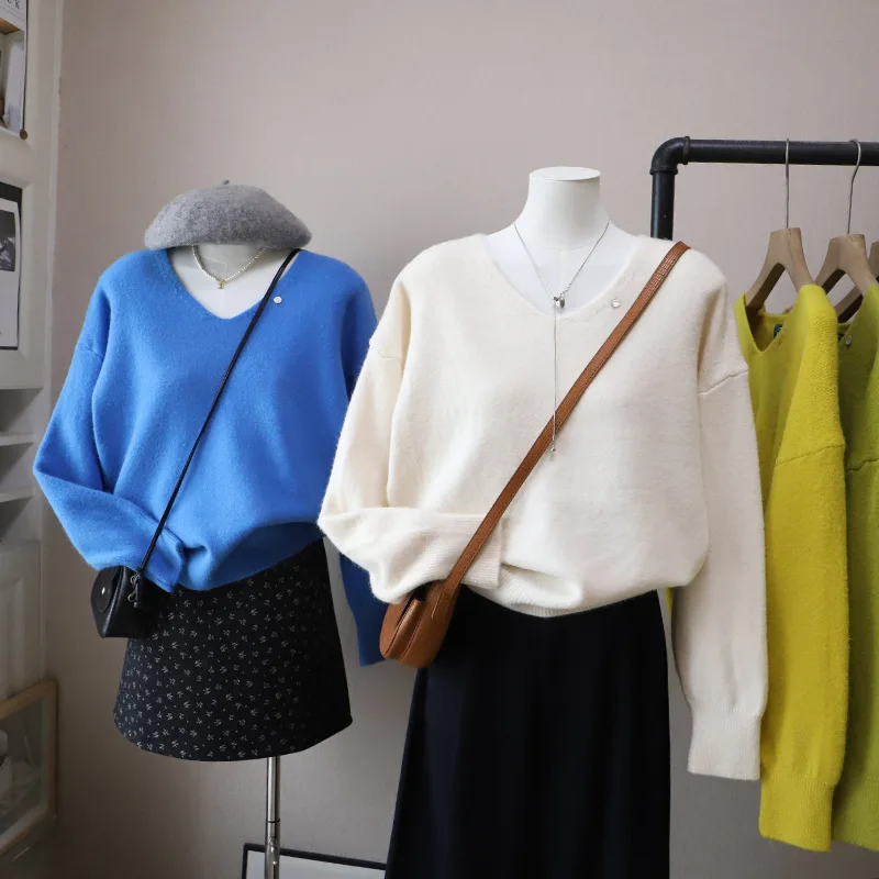 

Korean Sle Soft Cozy V-Ne Women's Sweater Loose Fit Versatile Knitwear Autumn Winter Simple Lazy Sle Inner Wear Top