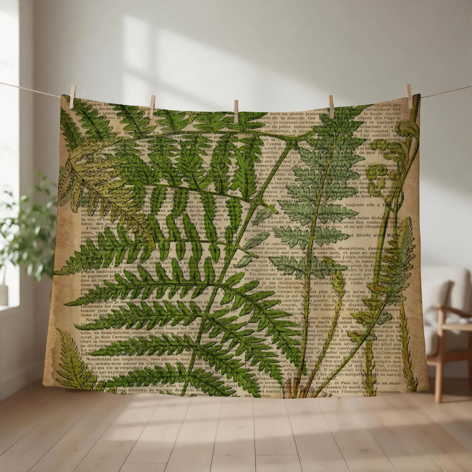 vintage foliage hipster botanical print fern leaves Throw Blanket couch cozy soft plush fuzzy picnic outdoor blanket