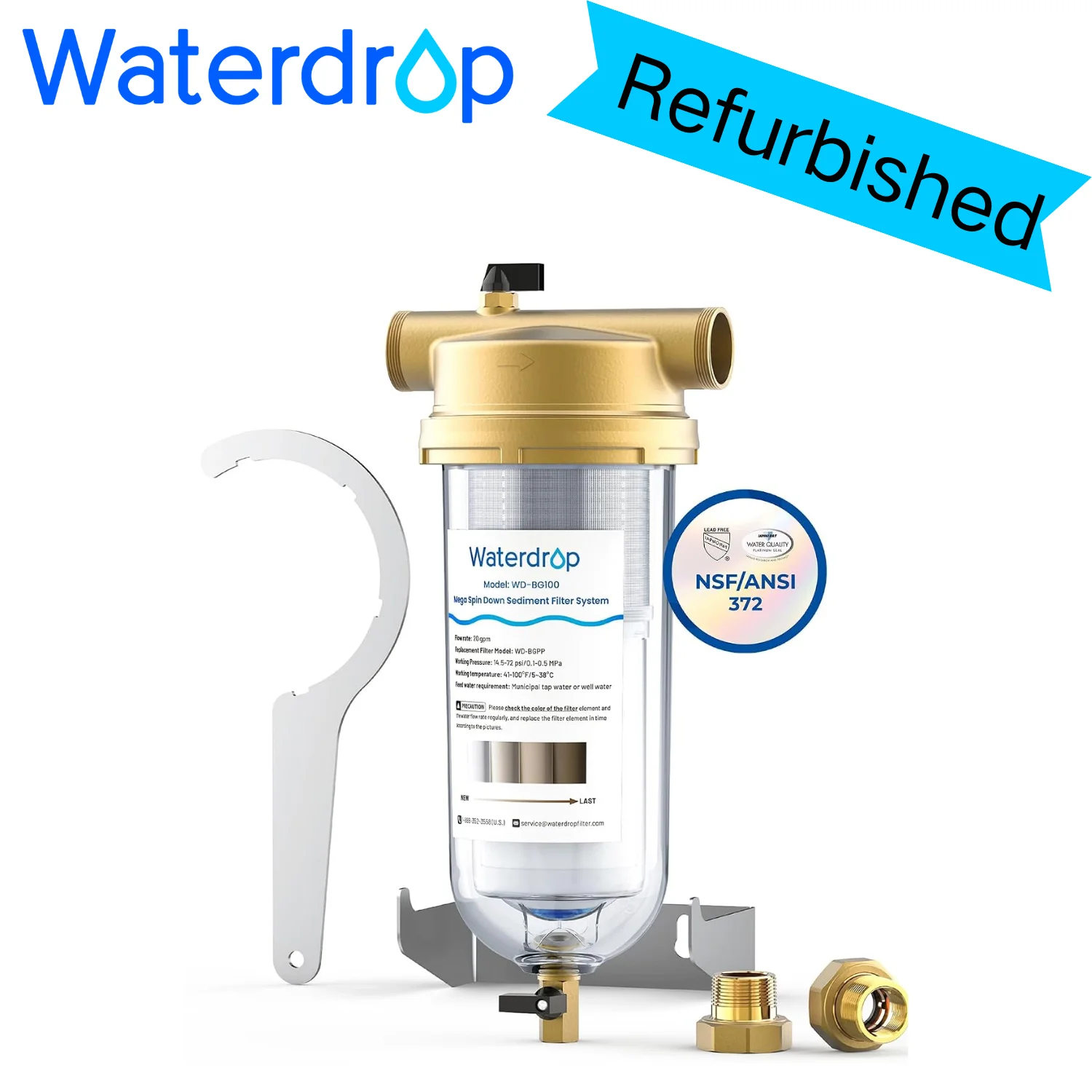 （Refurbished）Waterdrop Mega Spin Down Sediment Filter, Reusable Whole House Water Filter System For City Water, Backwash Sediment Water Filter System, 100 Micron+5 Micron PP Filter, 1