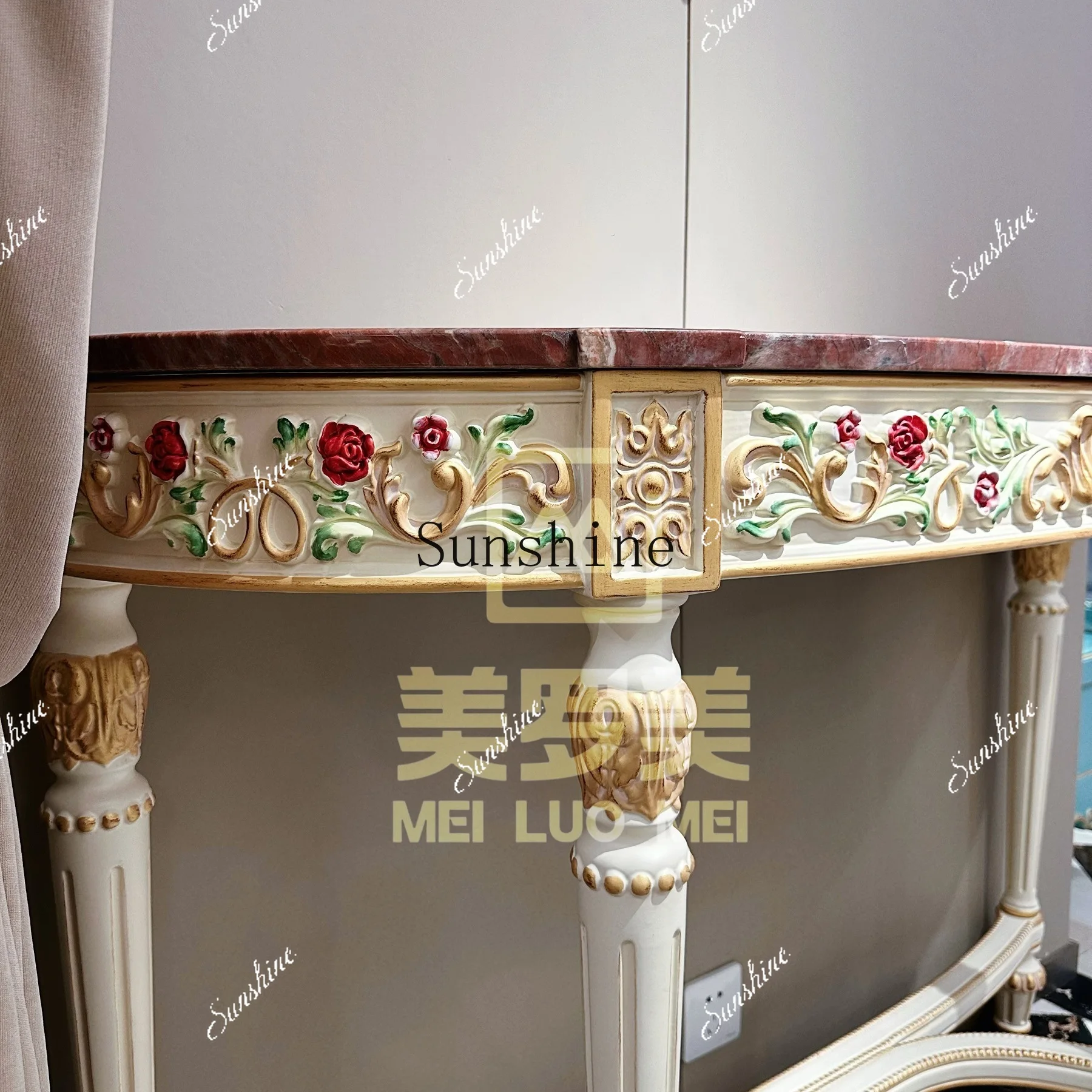 French retro solid wood semicircular entrance corridor entrance table palace painted side cabinet  FT