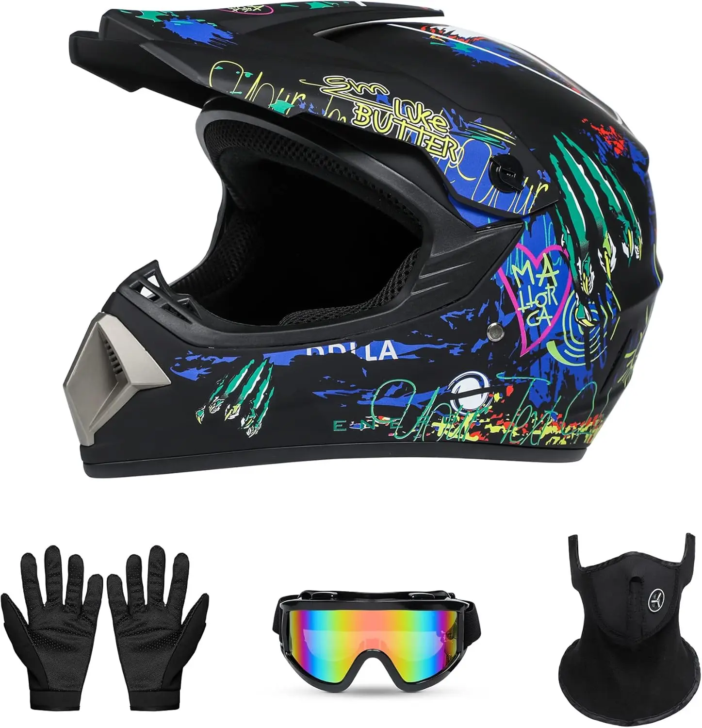 

Youth Full-Face Helmet for BMX, Mountain Bike & Off-Road Motocross, DOT Certified, Lightweight, 4-Piece Set