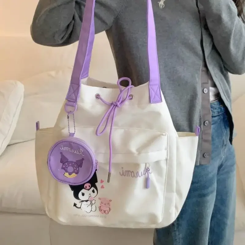 

Kuromi Crossbody Bag Shoulder Bag Draw Rope Large Capacity Student Cute Kawaii Cartoon Girl Handbag Anime Figure
